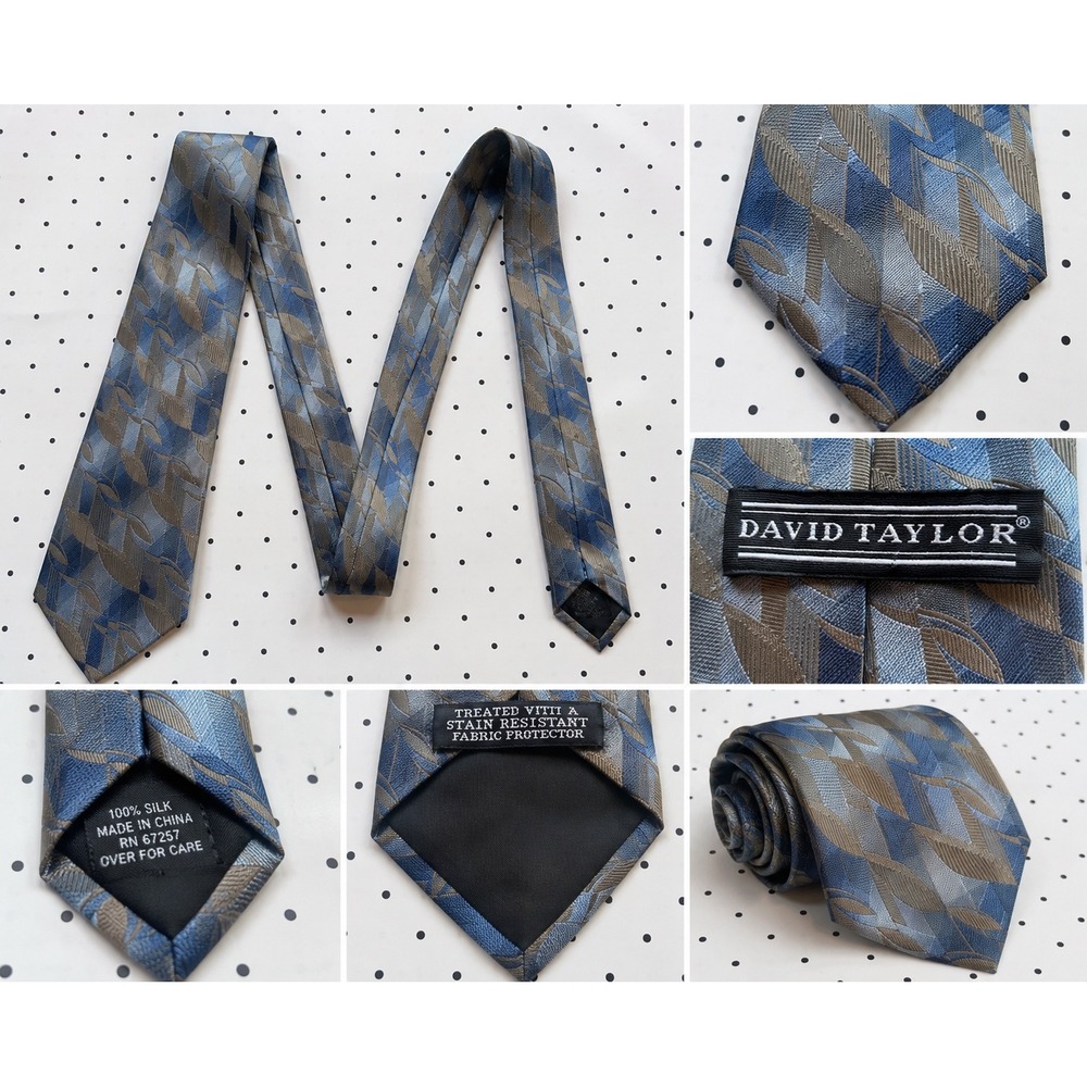 David Taylor Blue Gray Geometric Silk Tie Mens Necktie Classic Business Formal